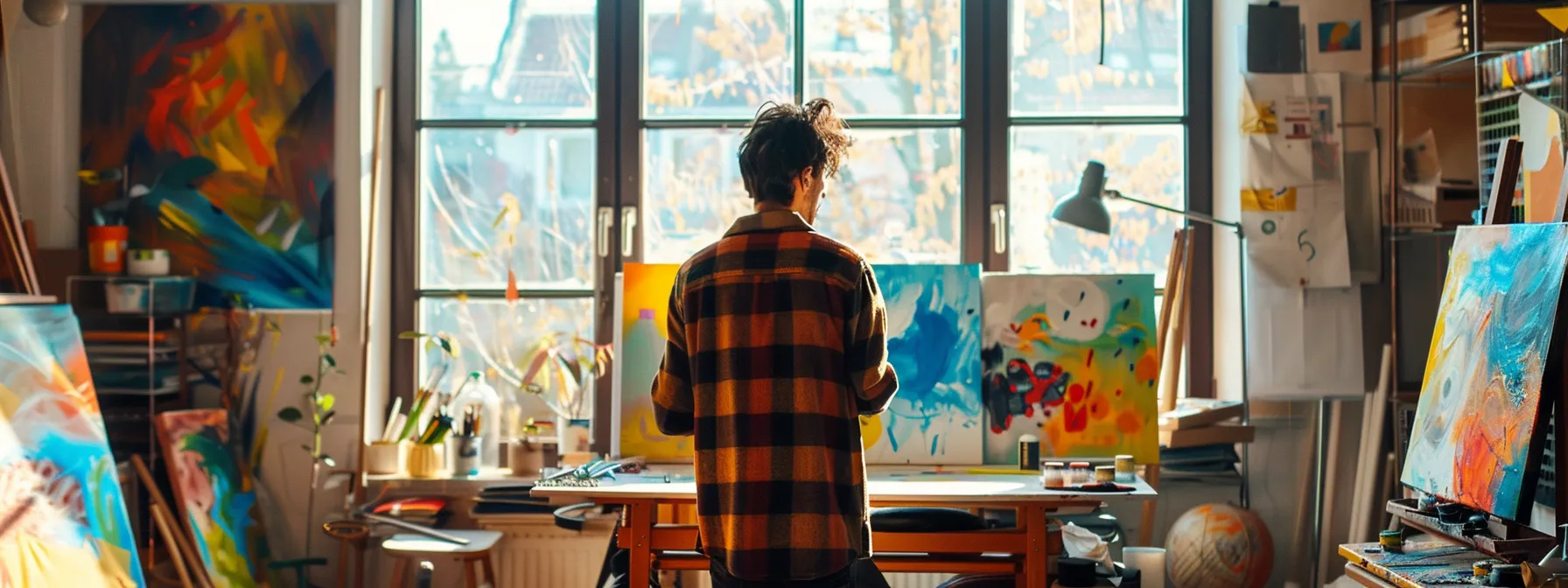 a painter carefully curates a colorful, abstract masterpiece in a sunlit studio, surrounded by tools and canvases that reflect their unique artistic vision.