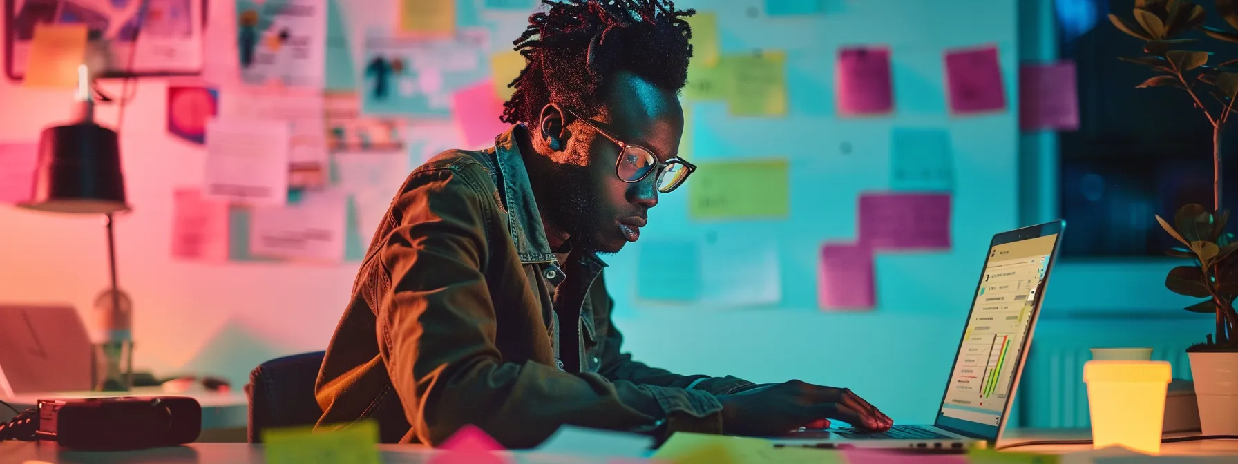 a musician analyzing charts and graphs on a laptop, surrounded by colorful post-it notes mapping out social media strategies.