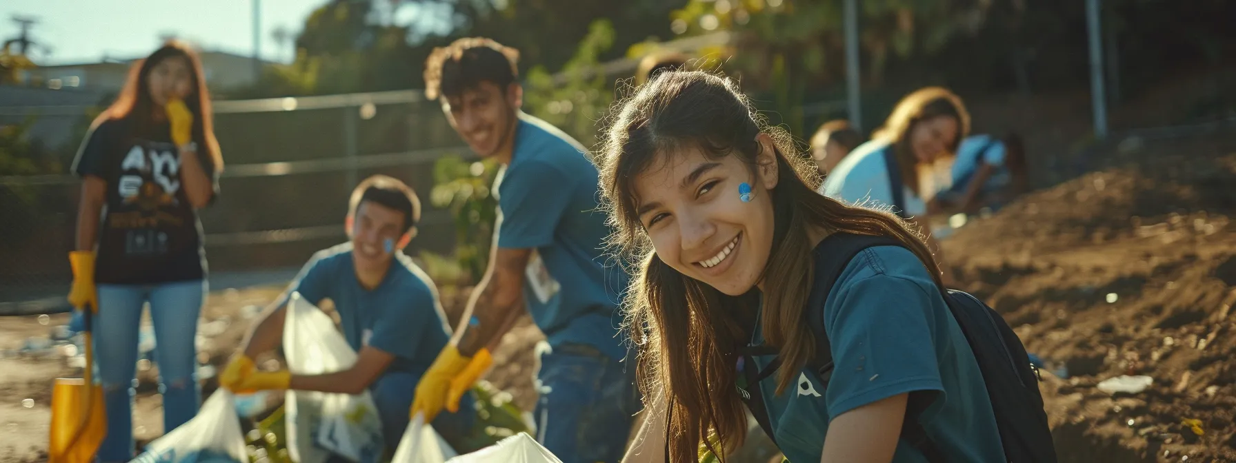 a diverse group of people engaged in a community clean-up, smiling and working together to promote positive societal impact through social marketing campaigns.