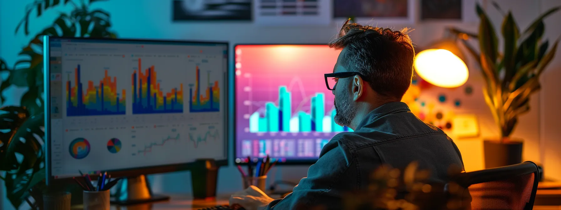 a marketer at a desk analyzing a colorful graph showing engagement and reach metrics on a computer screen.