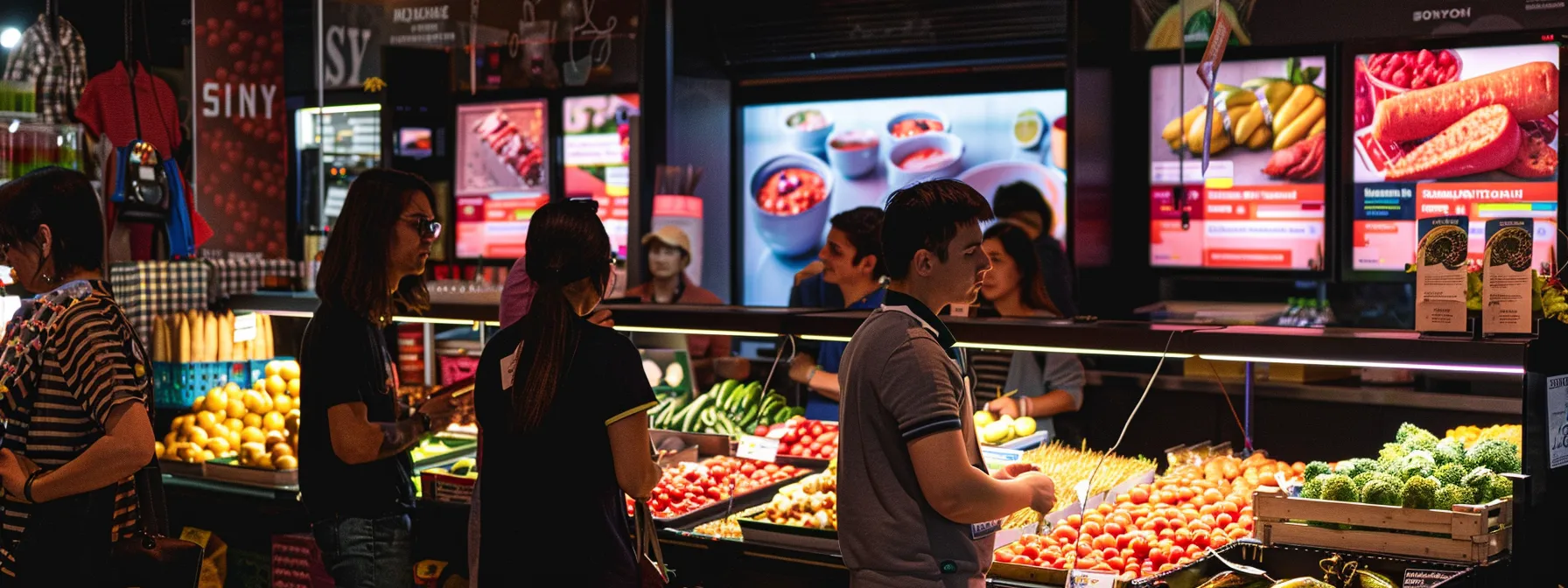 a vibrant market booth with engaging product displays, interactive demos, and smiling customers, showcasing innovative marketing strategies in action.