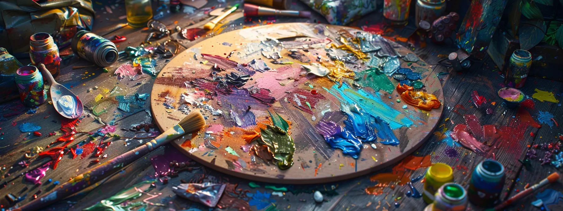 a paint-splattered artist's palette resting on a wooden table surrounded by a variety of colorful paint tubes and brushes.