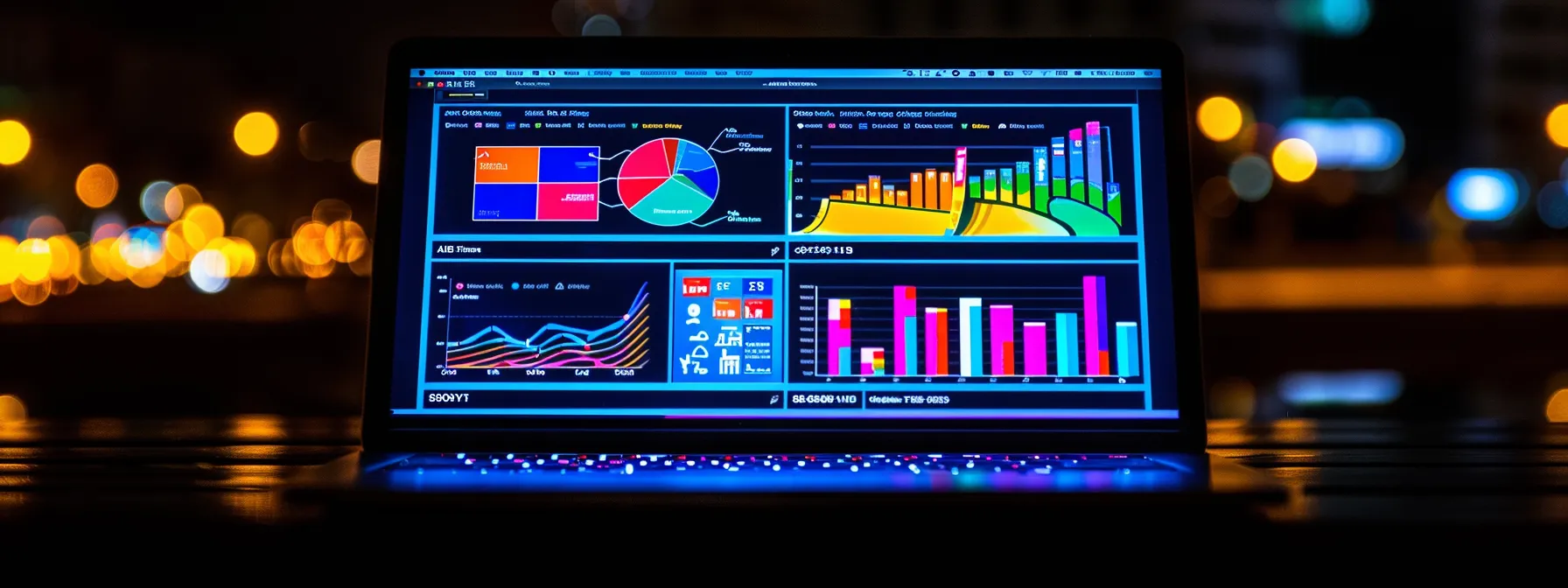 an illuminated laptop screen displaying vibrant social media ads and website analytics, highlighting the dynamic world of digital marketing strategies.