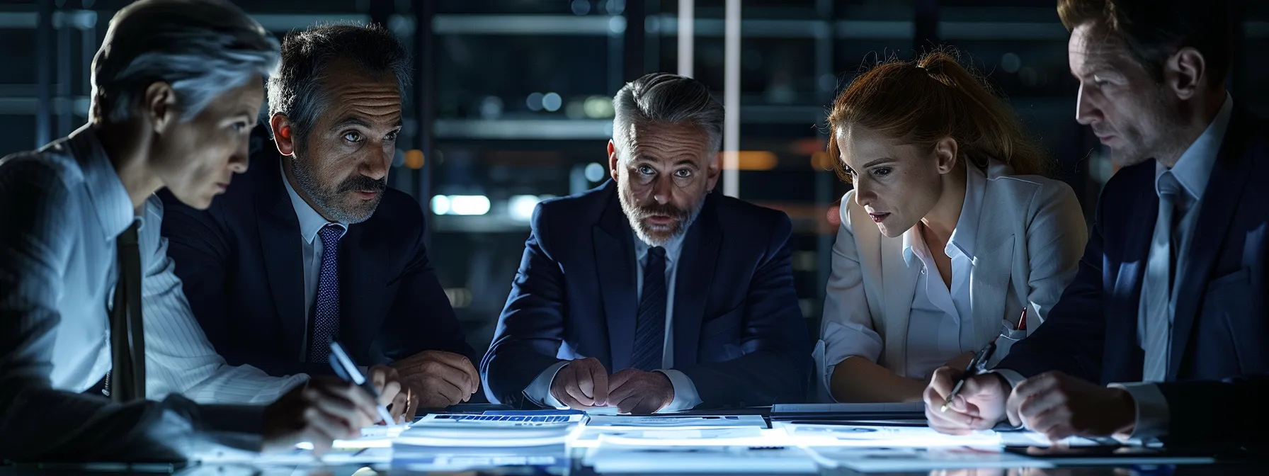 a diverse group of marketing experts huddled around a table, meticulously analyzing market research data with focused expressions.