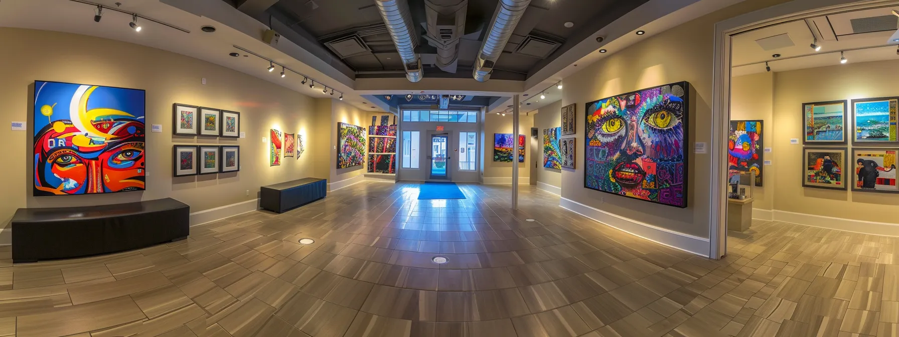 a vibrant art gallery showcasing diverse artwork with digital screens displaying online platforms for extensive exposure and networking opportunities.