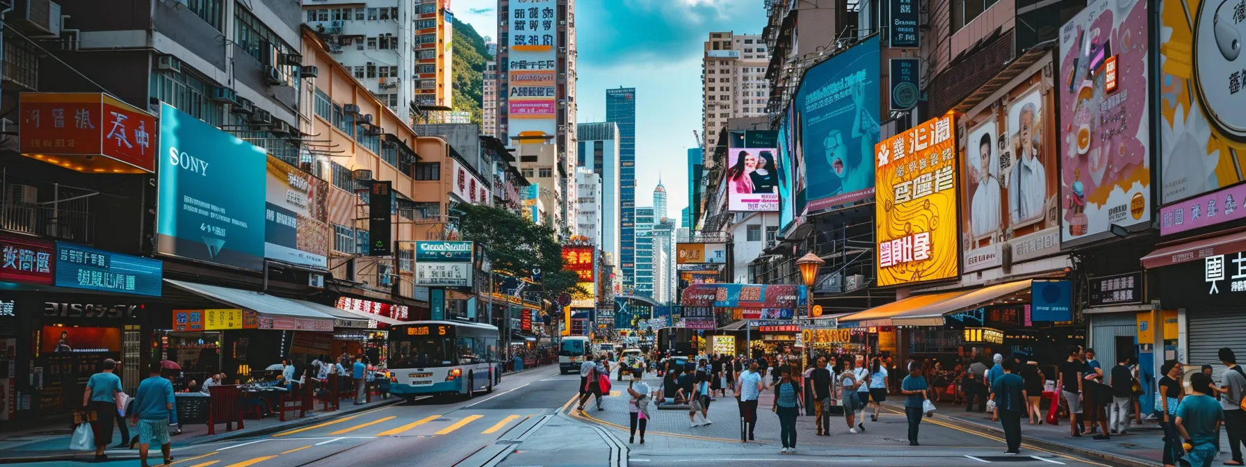 a bustling city street filled with vibrant, eye-catching billboards advertising various marketing services.