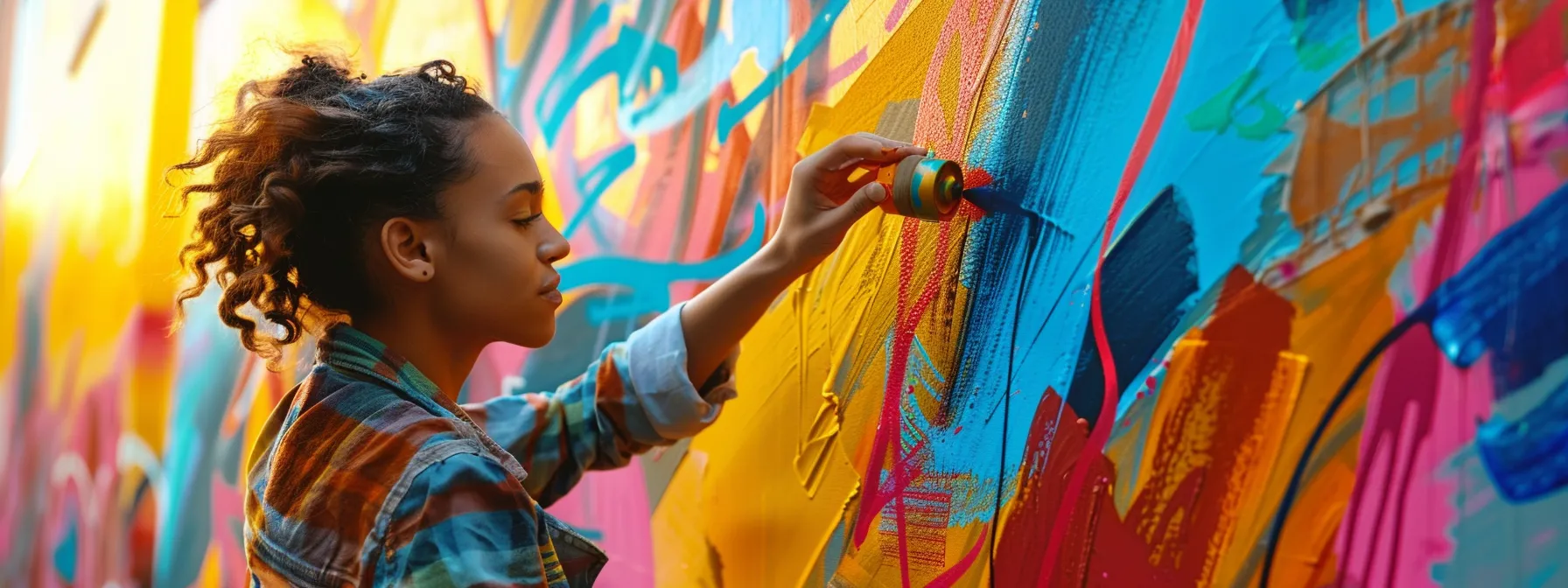 a focused artist carefully examining a vibrant mural on a city wall, adjusting their color palette and tool selection to suit the latest trends in art and social media.