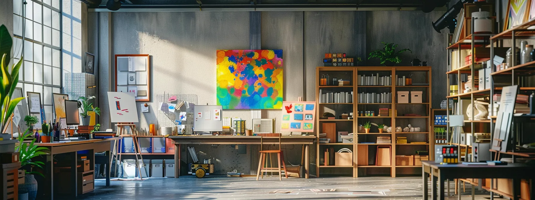 a colorful painting displayed in a well-organized art studio with shelves of neatly labeled inventory, showcasing the intersection of creativity and business acumen.