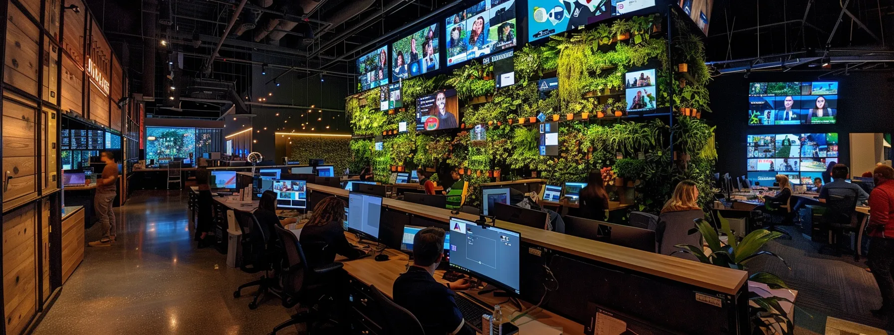 a bustling social media command center, with screens showing a variety of engaging content being posted with strategic hashtags, while a team works diligently to expand the brand's online presence and reach.