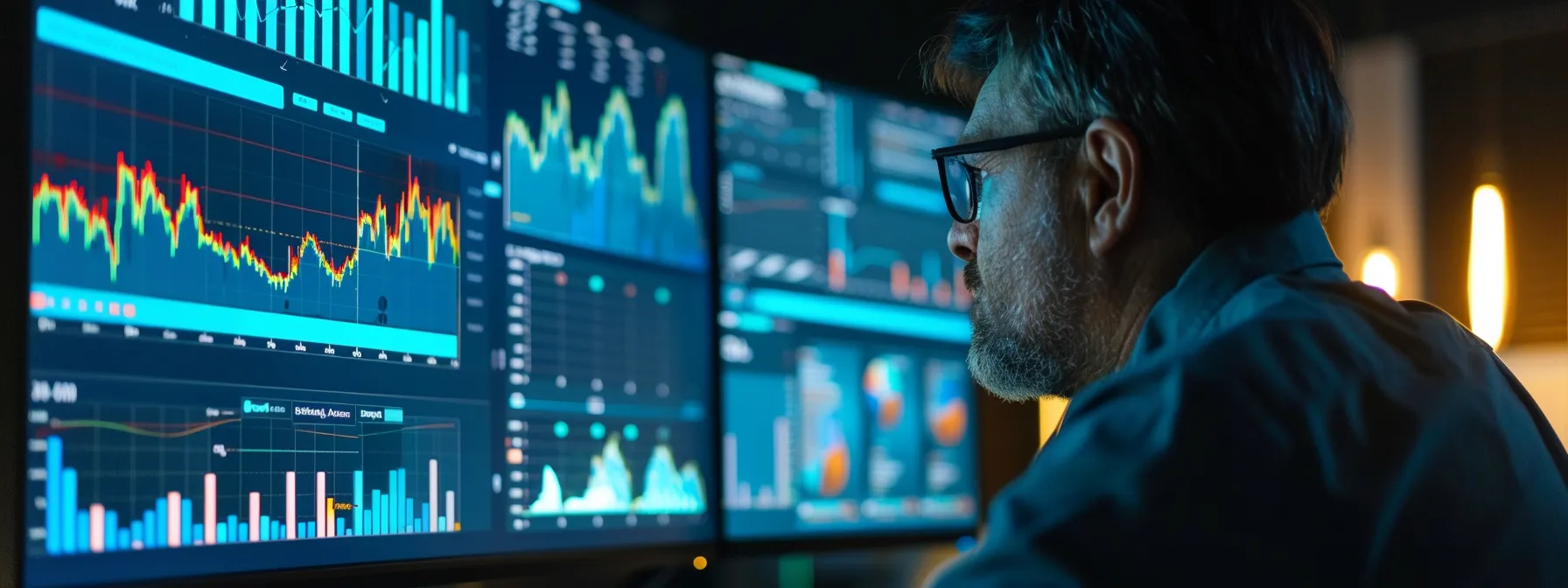 a person analyzing a detailed graph of marketing performance metrics on a computer screen.