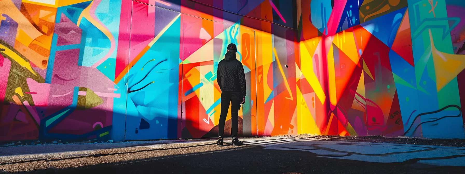 a musician standing confidently in front of a vibrant instagram mural, connecting with fans and shaping their brand presence through social media.