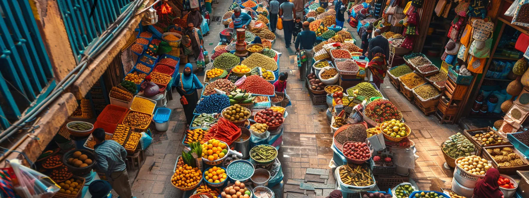 a bustling street market filled with colorful stalls and vendors enticing customers with vibrant displays of their products.