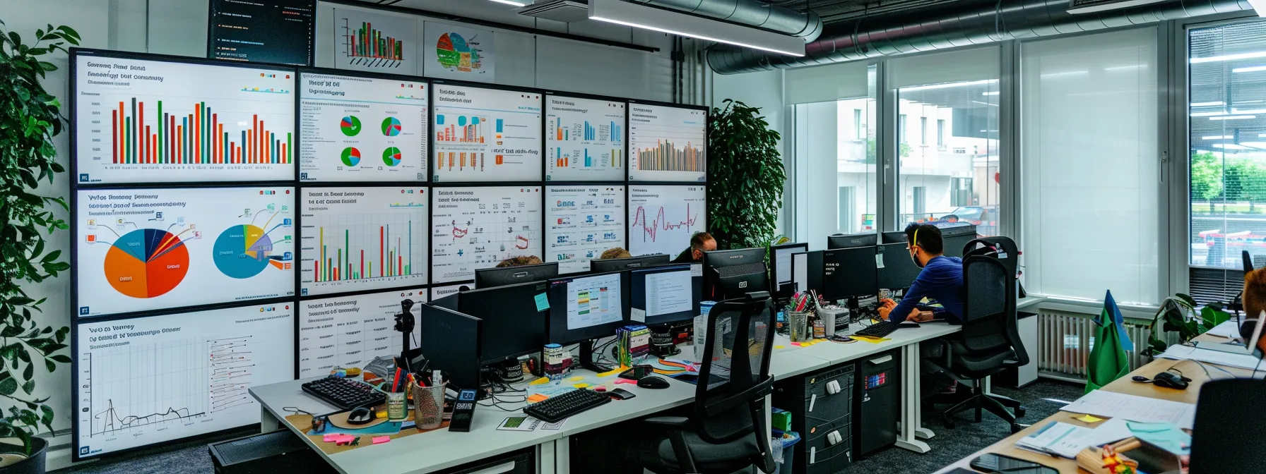 a busy office space with a whiteboard covered in colorful charts and graphs, showcasing a comprehensive media marketing strategy in progress.