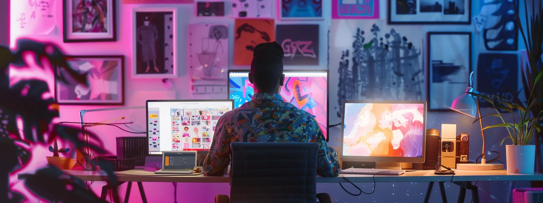 an artist sitting at a sleek desk, surrounded by colorful sketches and a laptop displaying vibrant social media platforms, engaging with a diverse audience through interactive posts.