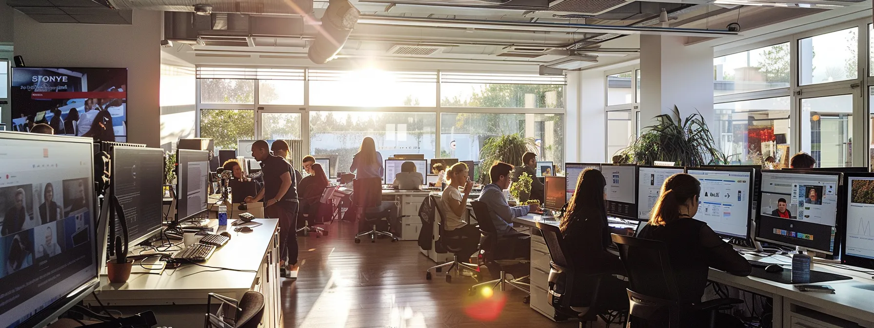 a bustling digital marketing office with screens displaying various social media and content marketing strategies in action.