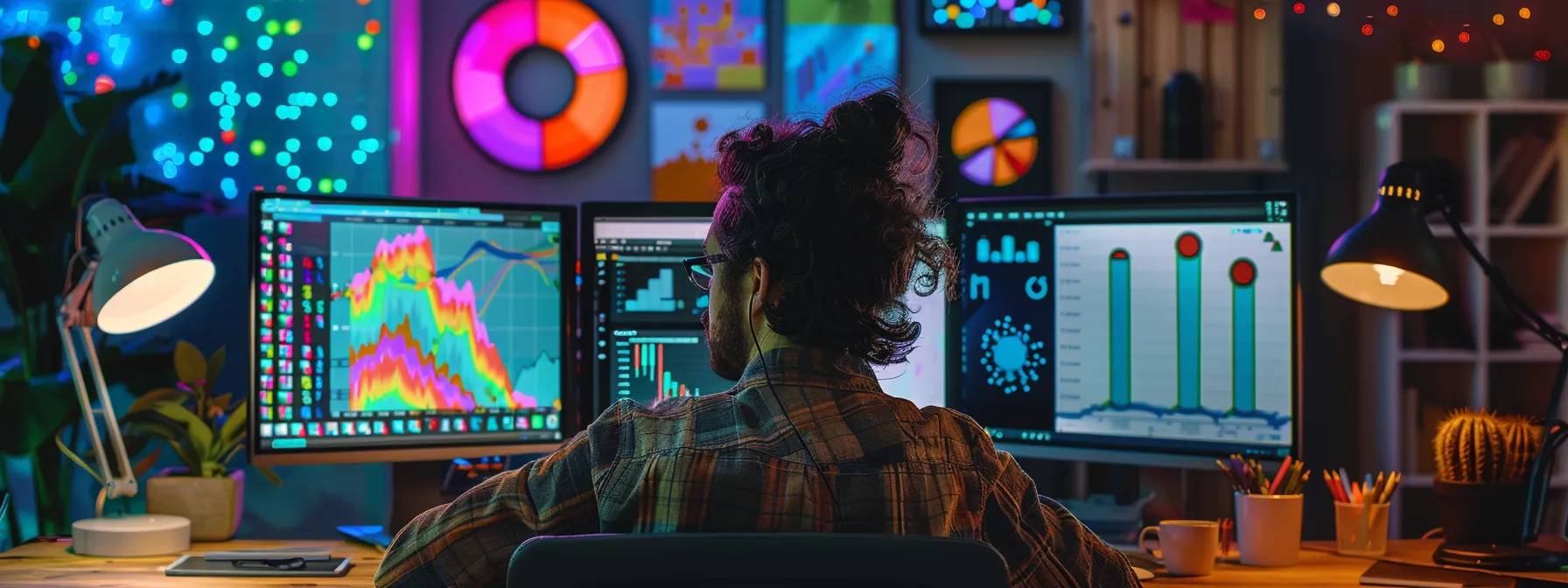 an artist analyzing market trends on a computer screen, surrounded by graphs and digital marketing tools.