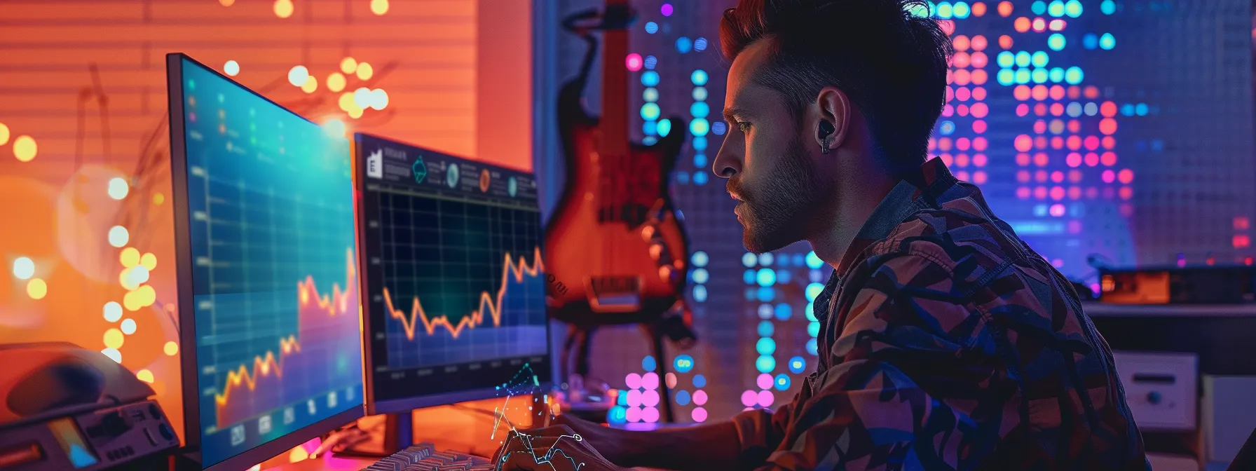 a musician sitting at a computer, analyzing data on social media platforms and search advertising, surrounded by colorful graphs and charts.