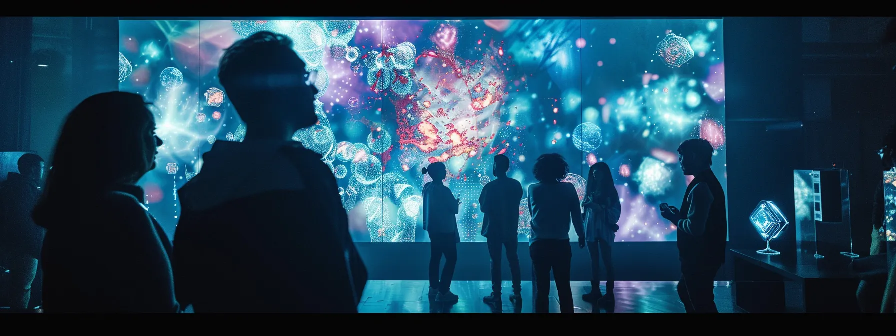 a group of marketing professionals gathered around a futuristic holographic display, analyzing social responsibility trends to optimize campaign designs.