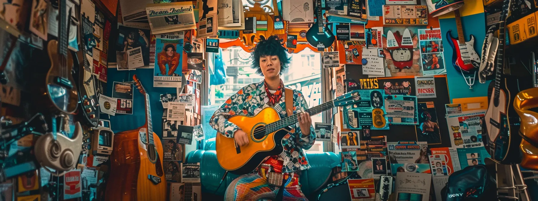 a musician surrounded by a vibrant array of marketing materials, showcasing their unique brand and captivating audience attention.