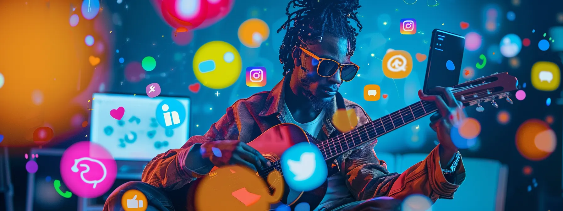 a musician holding a smartphone, surrounded by colorful social media icons on a computer screen.