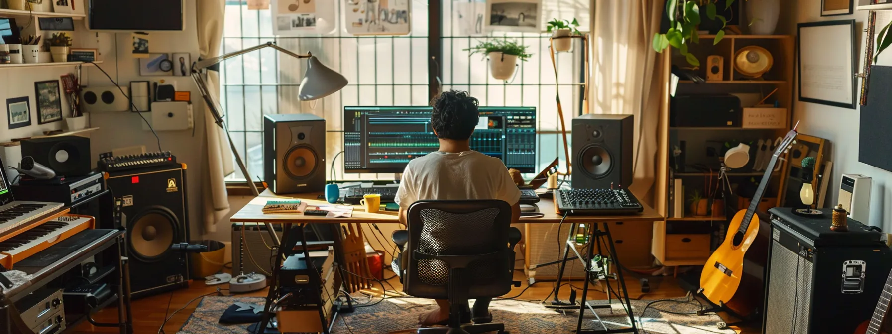 a musician sitting at a cozy home studio, surrounded by instruments and recording equipment, sharing a live stream with fans on social media.