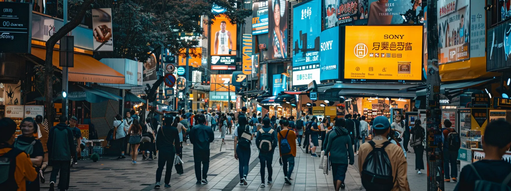 a bustling city street lined with billboards and vibrant digital advertisements symbolizing the contrast between social marketing's societal impact and digital marketing's focus on business growth.