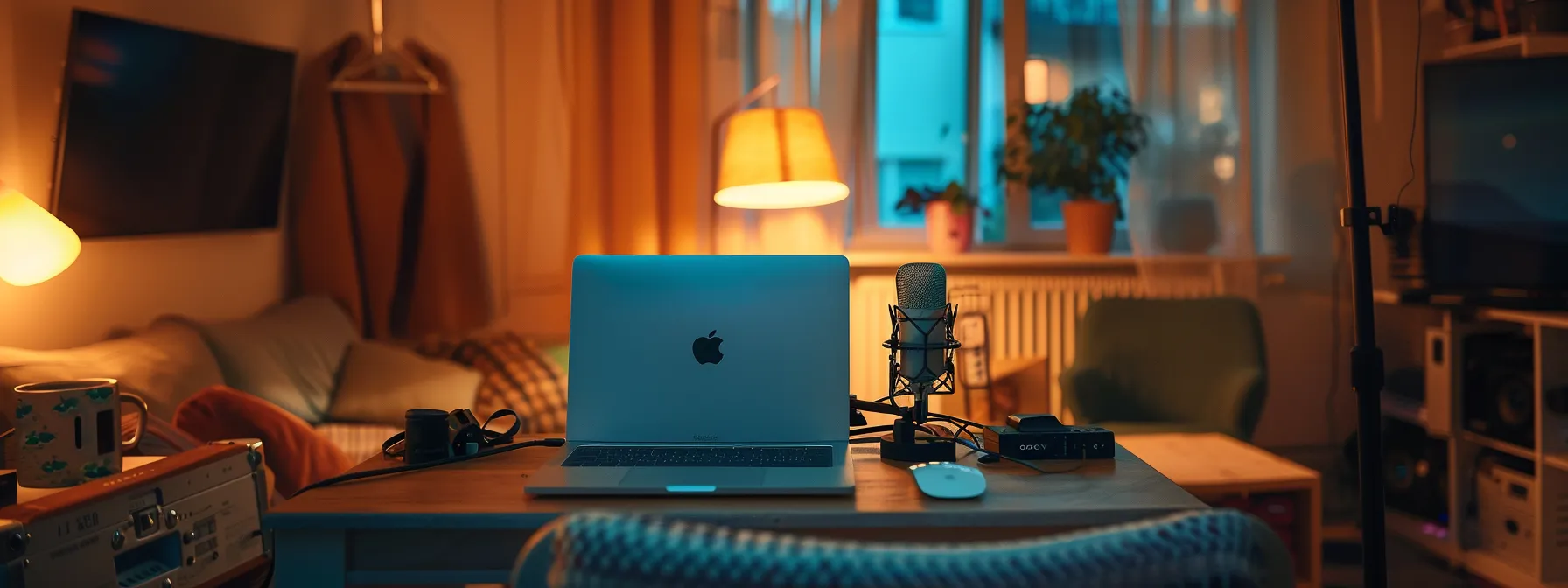 a cozy home studio setup featuring a sleek macbook and high-quality sennheiser microphones, bathed in warm ambient light, showcasing a vibrant and creative atmosphere for music recording.