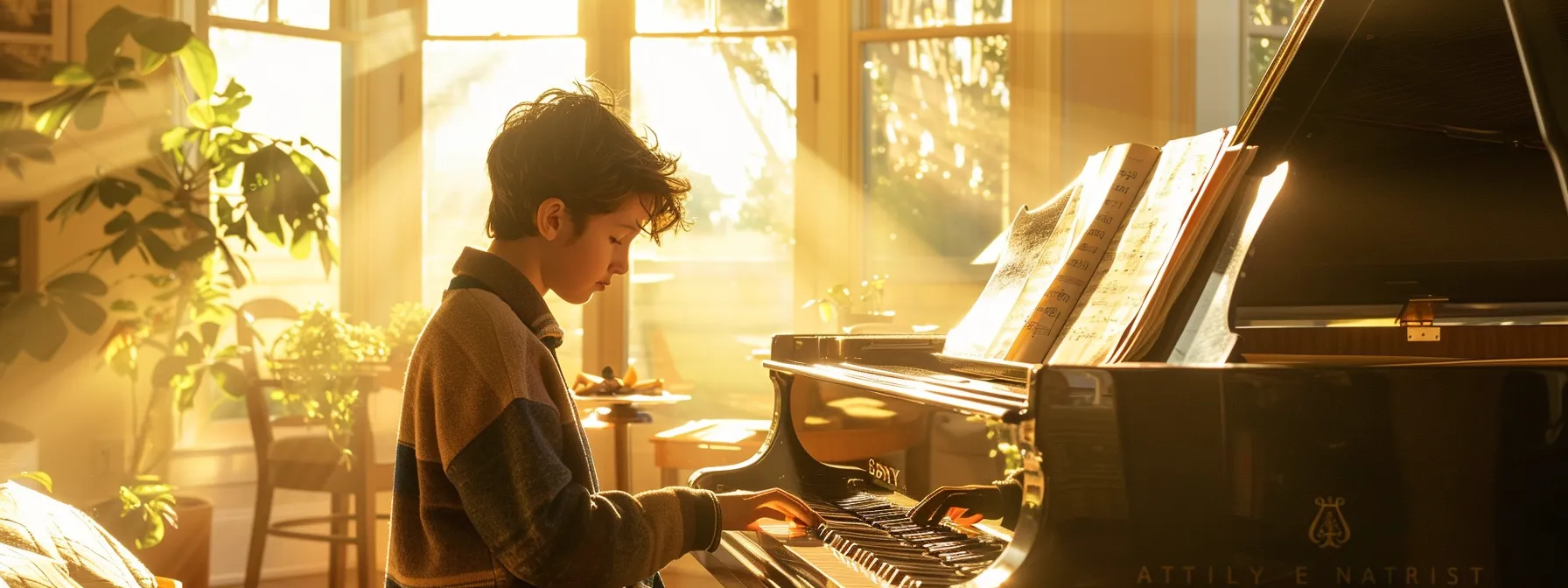 a determined young musician sits at a grand piano in a sunlit room, surrounded by sheets of music and scholarship application materials, embodying the pursuit of artistic excellence and perseverance.