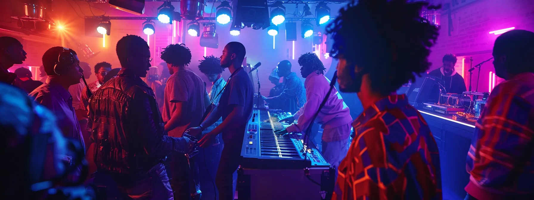 a dynamic music video production scene captures a diverse team collaborating in an urban setting, surrounded by vibrant lights and equipment, embodying the essence of creativity and storytelling in video making.