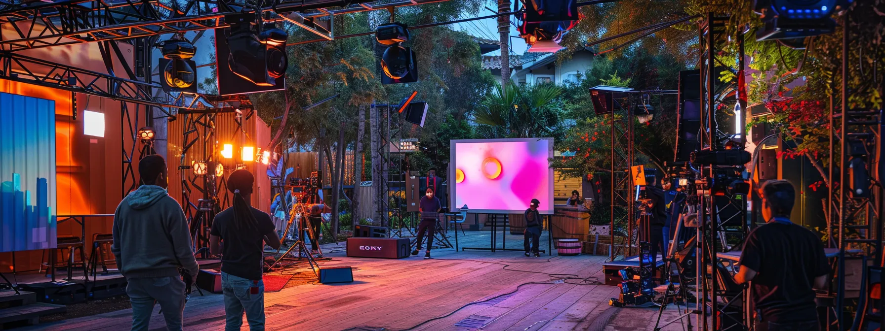 a dynamic music video shoot captures a vibrant outdoor scene with a sleek sony camera in focus, enhanced by colorful lighting, and positioned amid striking, diverse backdrops that convey creativity and energy.