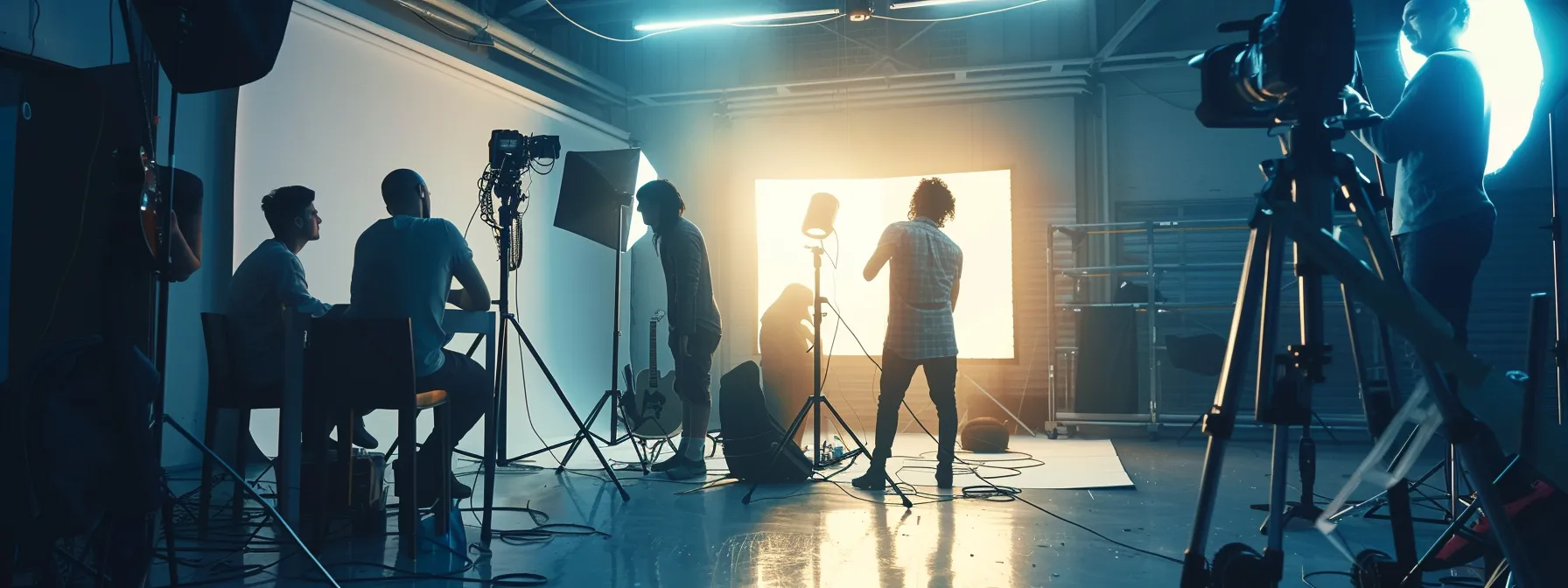 a dynamic shot capturing a diverse team of creative professionals collaboratively brainstorming concepts in a bright, modern studio, exuding energy and innovation as they plan an ambitious music video project.