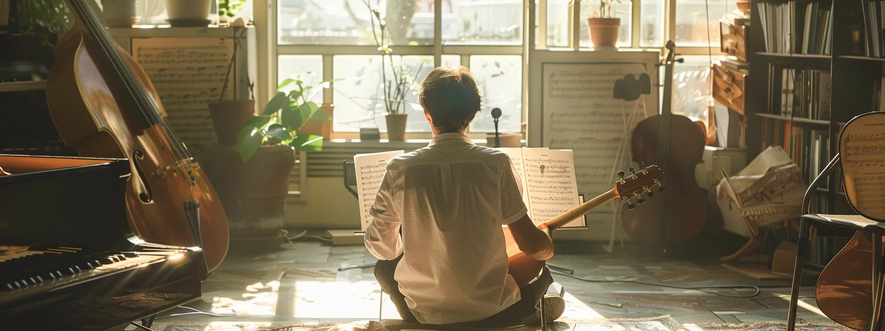 a talented musician passionately rehearses in a sunlit studio, surrounded by sheet music and instruments, embodying the dedication and artistry required to secure a music scholarship.