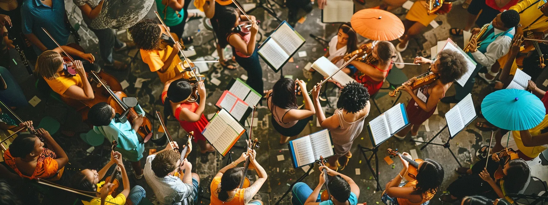 a vibrant and inspiring scene of a diverse group of passionate musicians surrounded by colorful sheet music and instruments, symbolizing hope and opportunity for music scholarships.