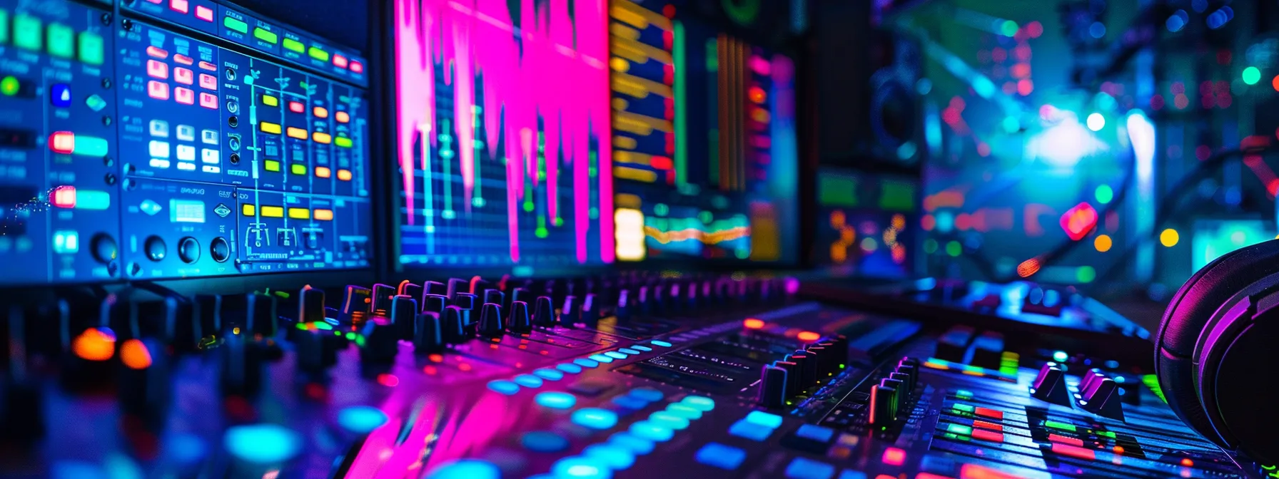 a vibrant and sleek digital audio workstation setup gleams under soft studio lighting, showcasing an array of high-quality headphones, a top-tier audio interface, and a computer screen displaying colorful sound waveforms, symbolizing the creative potential for new recording artists.