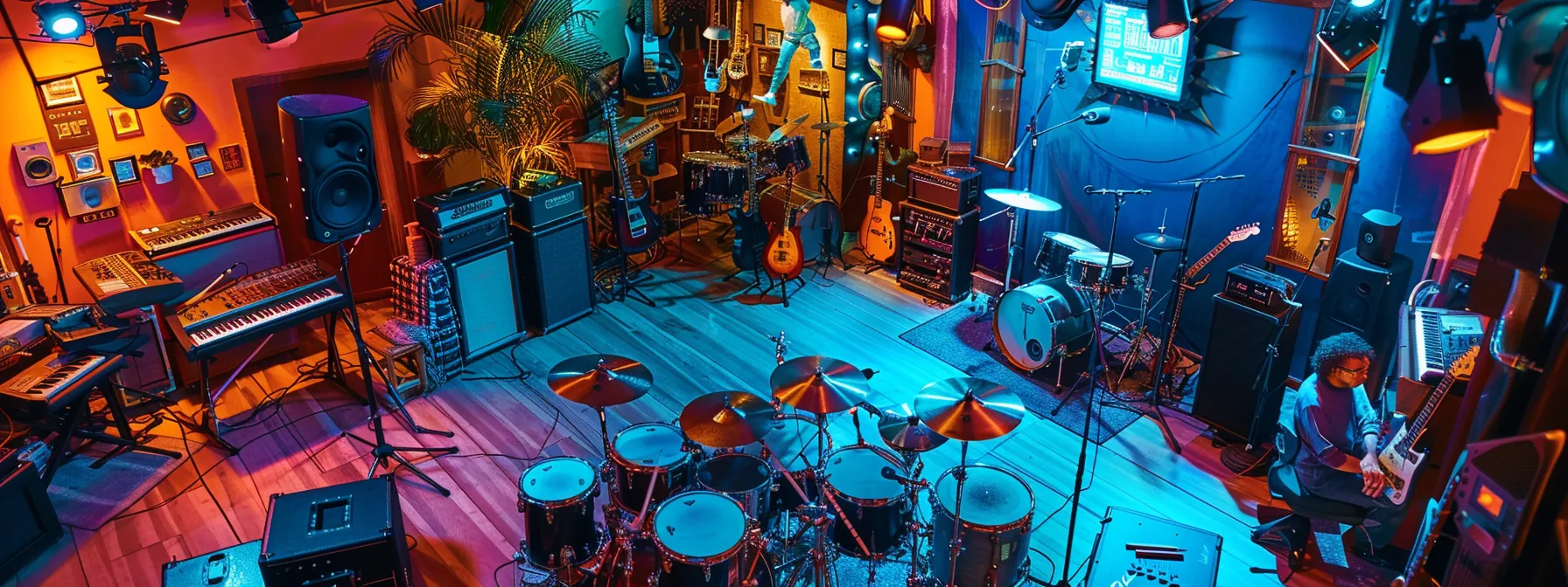 a vibrant, bustling music studio filled with colorful instruments and sound equipment, illuminated by soft, ambient light, embodies the essence of a hands-on music education outside traditional college settings.