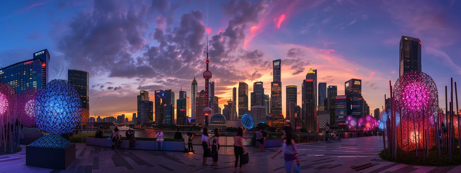 a vibrant city skyline at dusk, illuminated by innovative art installations that symbolize the transformative power of creativity and economic growth in creative sectors.