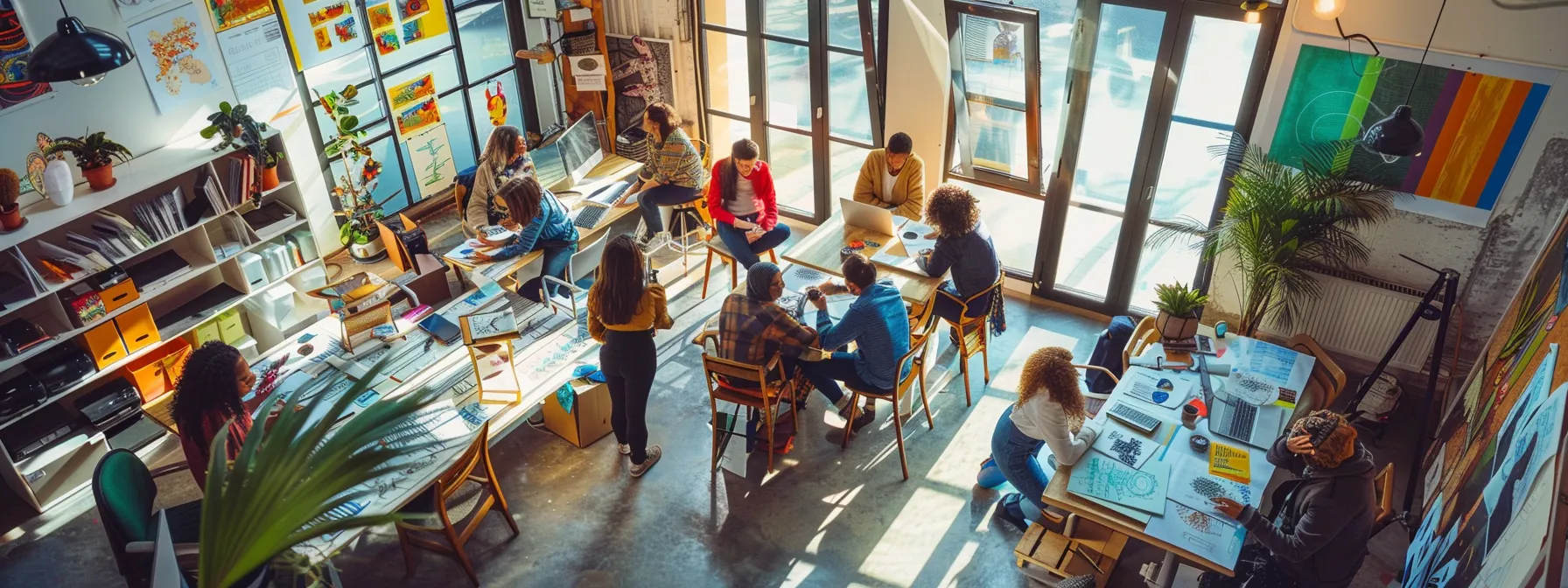 a vibrant collaborative workspace filled with diverse artists passionately brainstorming over colorful sketches and digital designs, illuminated by soft, natural light streaming through large windows.