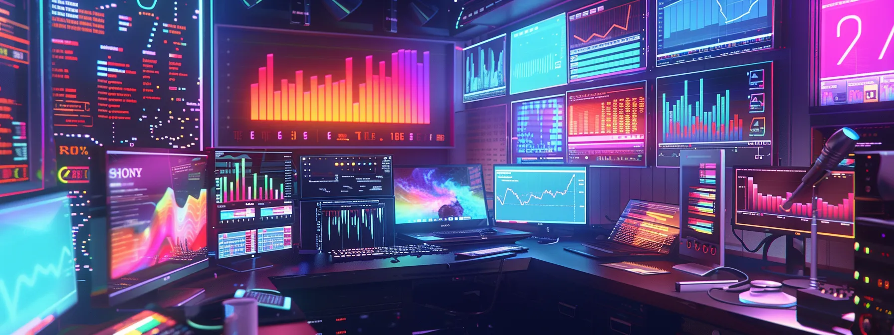 a vibrant digital workspace filled with colorful charts and graphs depicting music trends, illuminated by soft, focused lighting that highlights an array of creative title ideas for an online platform.