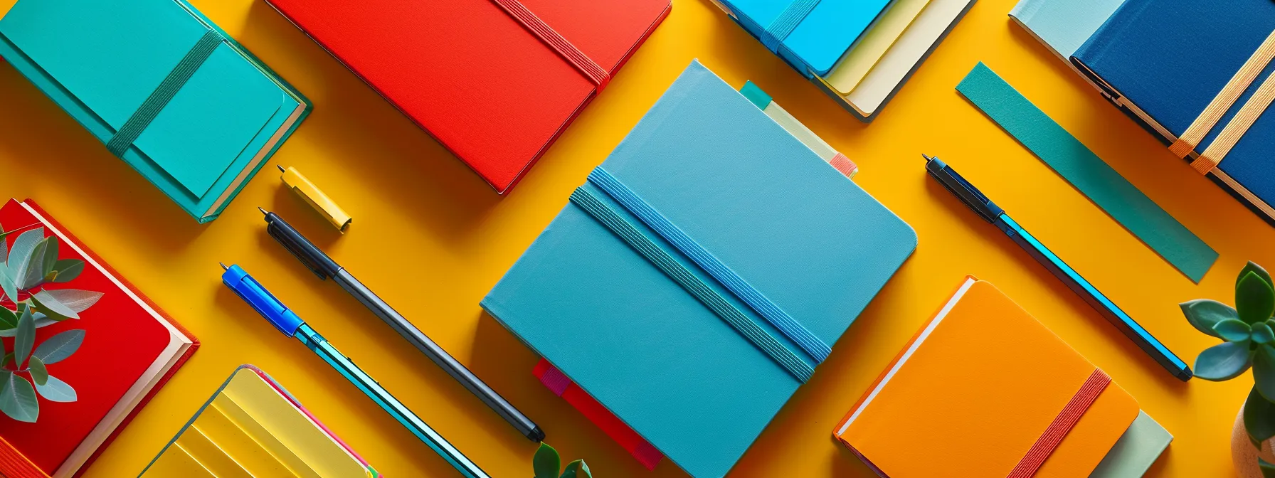 a vibrant flat lay of colorful notebooks and creative stationery, showcasing an array of engaging titles and concepts, illuminated by soft, natural light to evoke inspiration and productivity.