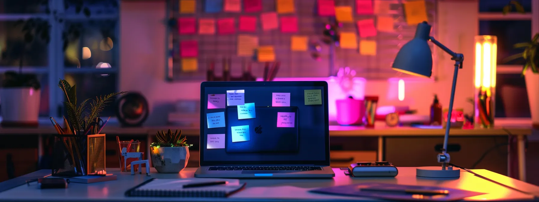 a vibrant, focused workspace adorned with colorful brainstorming notes and a glowing laptop, symbolizing the creative process of crafting catchy titles for enhanced online visibility.