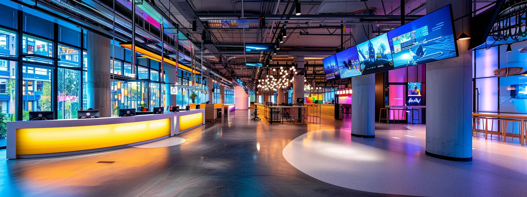 a vibrant, futuristic workspace brimming with advanced technology and glowing digital screens, symbolizing the dynamic synergy between innovation and creativity fueled by artificial intelligence.