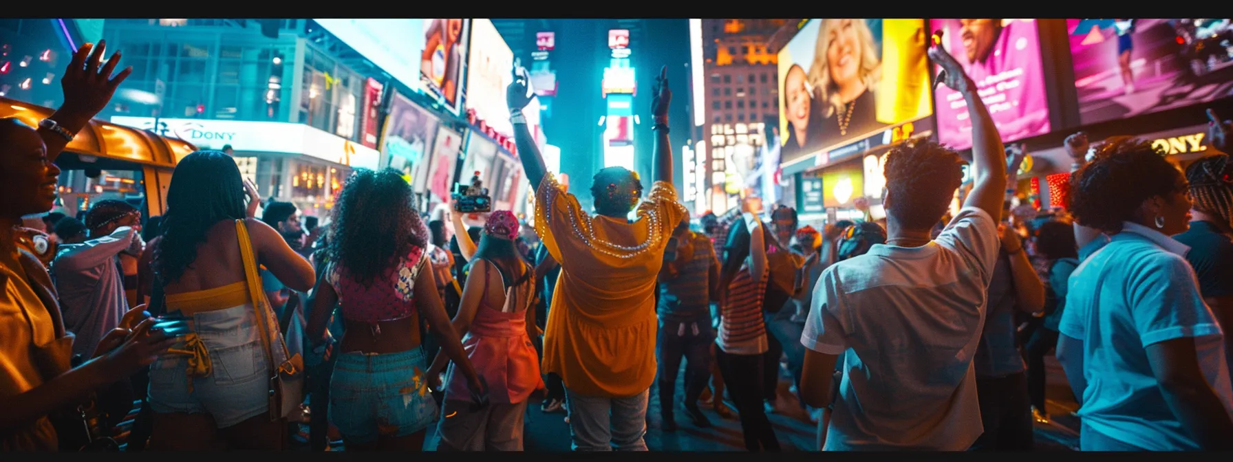 a vibrant, high-energy music video set in a bustling urban landscape, where diverse crowds engage passionately with bright visual effects and social media symbols that hint at the strategic marketing plan behind the viral moment.