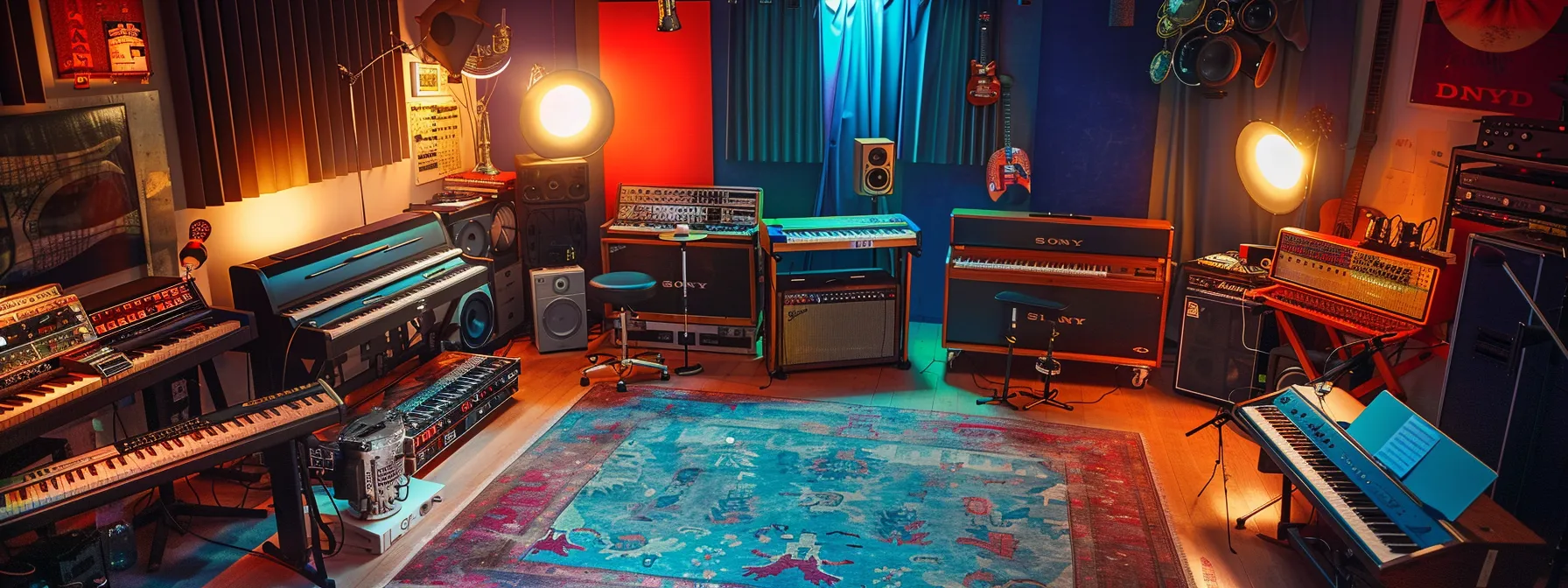 a vibrant, inspiring music studio filled with colorful instruments and sound equipment, illuminated by soft, warm lighting, capturing the essence of creativity and ambition in a musician's journey.