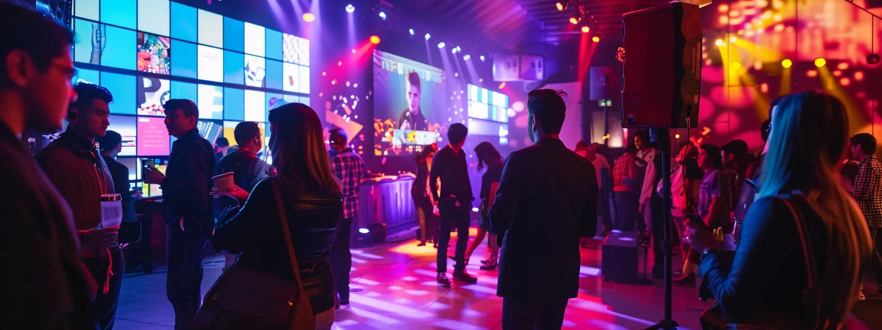 a vibrant music industry networking event, filled with enthusiastic young professionals exchanging ideas against a backdrop of colorful lighting and inspiring visuals of iconic artists.