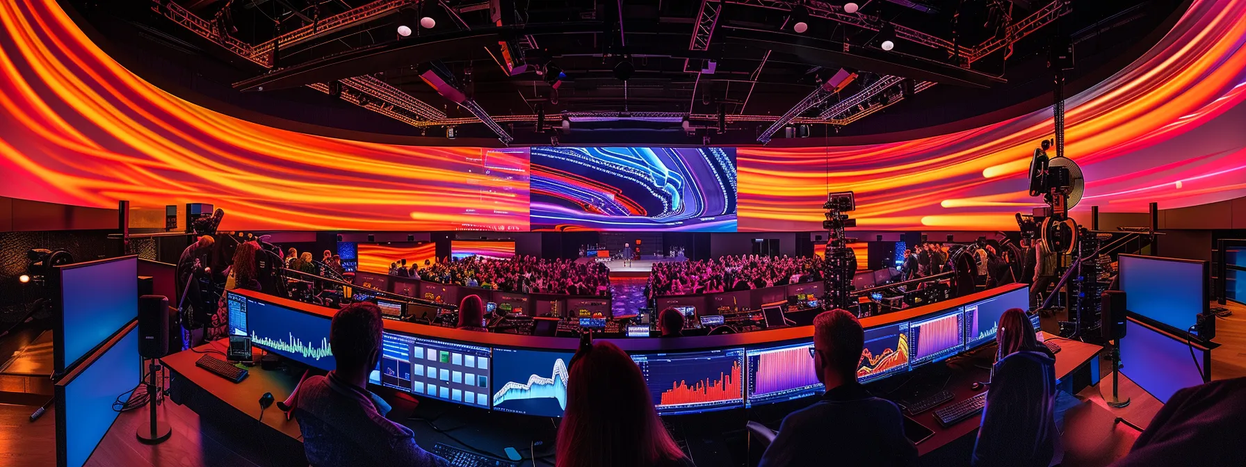 a vibrant music studio filled with colorful soundwave visuals, interactive screens displaying engaging polls and quizzes, and an enthusiastic audience immersed in a live q&a session, illuminated by dynamic stage lighting.