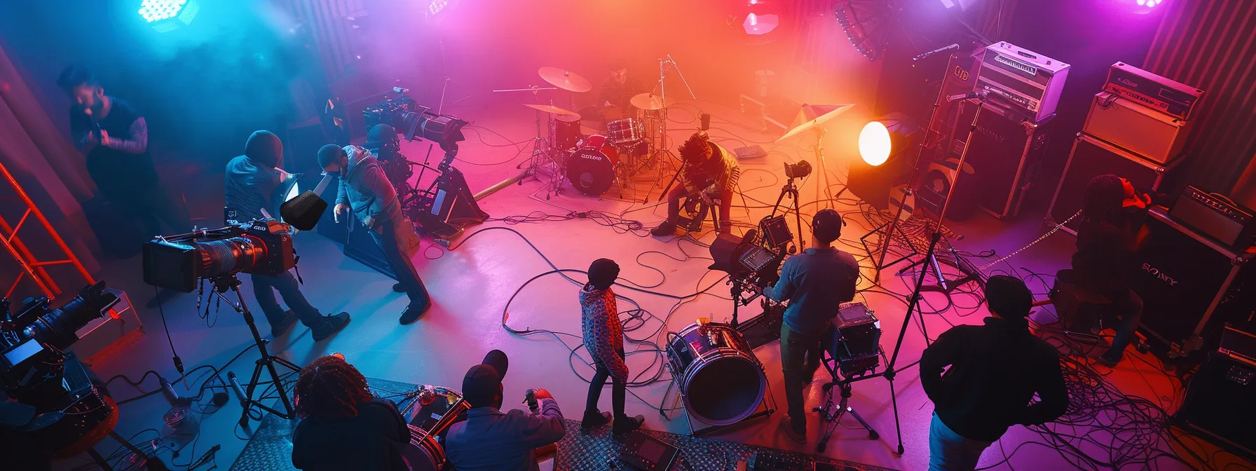 a vibrant music video production scene captures a dynamic team passionately collaborating around an array of colorful lighting equipment and cameras, set against a backdrop of creative chaos and artistic energy.