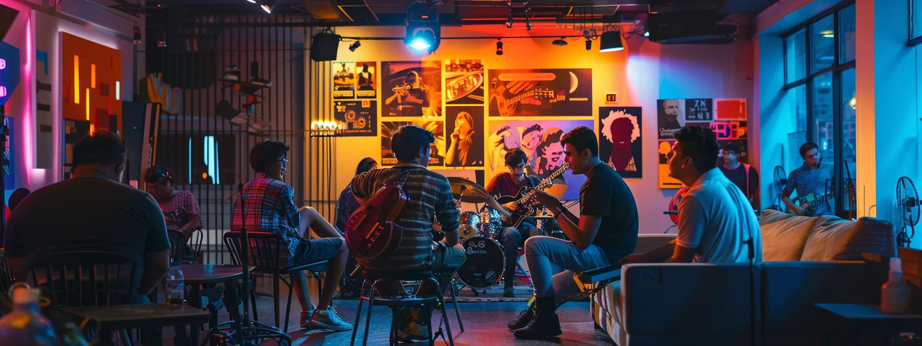 a vibrant music workshop scene bustling with diverse musicians engaging in animated discussions, surrounded by colorful posters showcasing the latest industry trends and opportunities, illuminated by warm, inviting lighting.