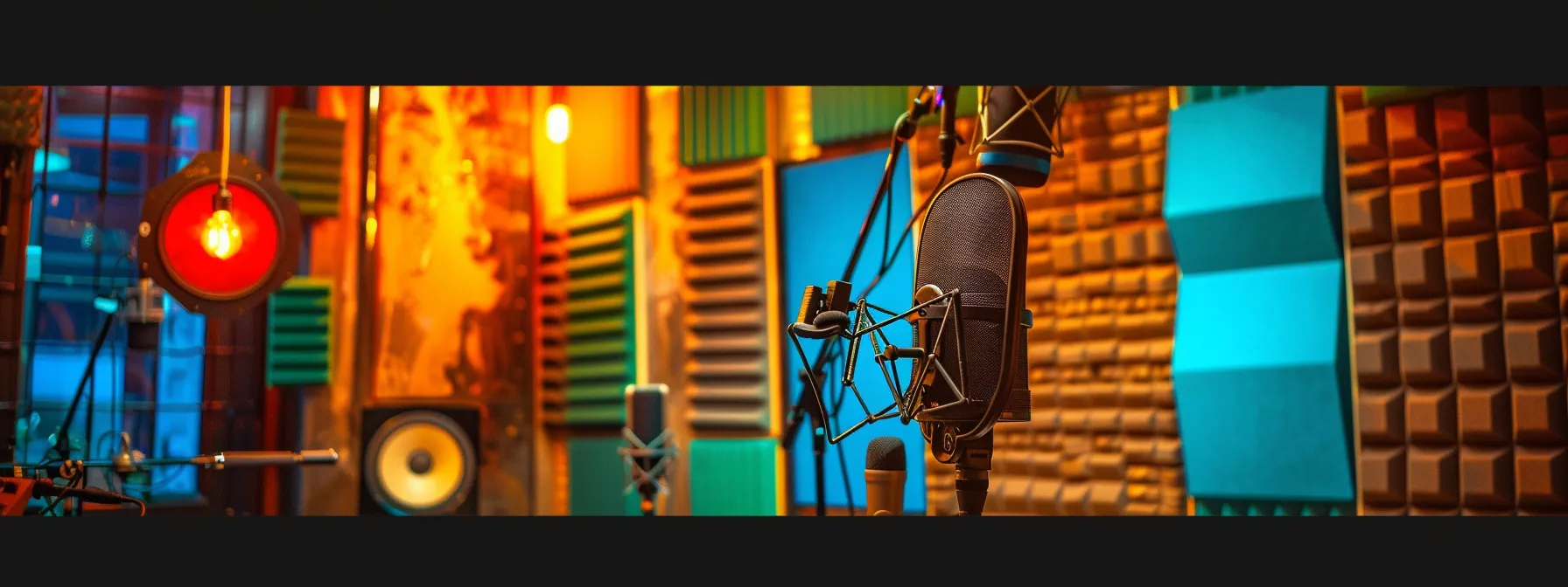 a vibrant recording studio filled with colorful sound panels and vintage microphones, radiating creativity and passion for music production, under warm, inspiring lighting.