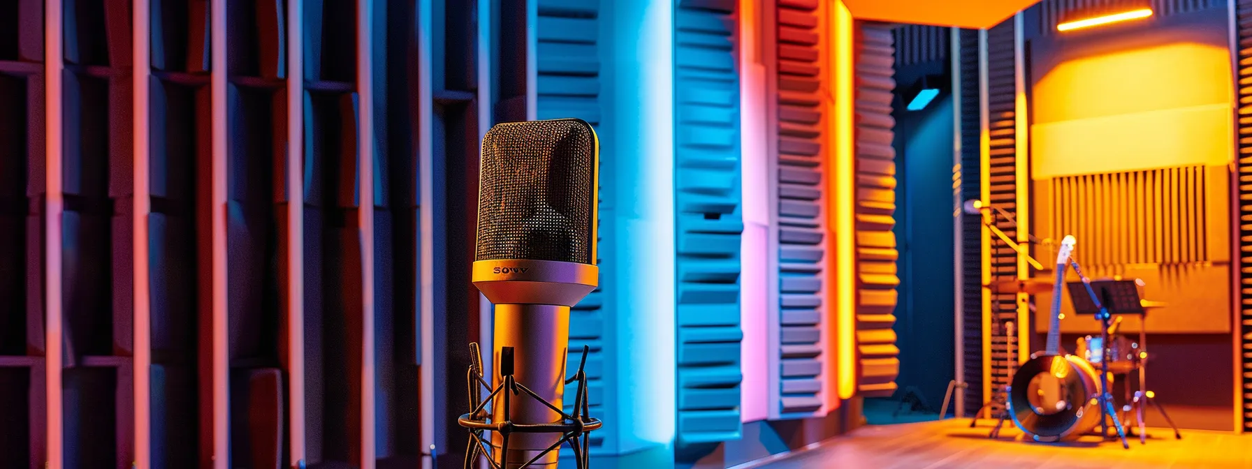 a vibrant recording studio filled with colorful acoustic panels and a sleek microphone capturing the energy of a passionate beginner musician immersed in the creative process.