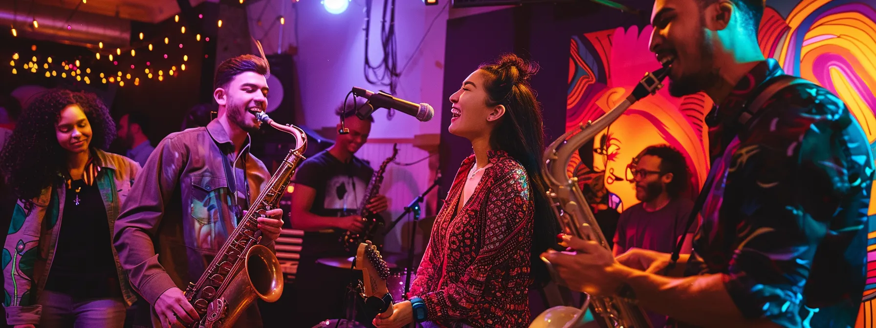 a vibrant scene captures a diverse group of young professionals collaborating in a bustling music venue, surrounded by colorful artwork and instruments, embodying the dynamic spirit of hands-on experience in the music business.